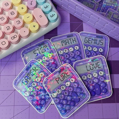 GGT | Holographic Purple Calculator Stickers | 6 Variations : PURE | LOVE | MATH | STEM | GAMER | GENIUS